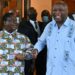 Former Ivorian presidents Henri Konan Bedie (L) welcomes Laurent Gbagbo (R) to his residence in the city of Daoukro in Ivory Coast on July 10, 2021. Three weeks after his return to the Ivory Coast, Laurent Gbagbo met with Henri Konan Bedie, at his residence in Daoukro, where the two leaders of the Ivorian opposition and former presidents intend to give a new impetus to the process of national reconciliation, while their respective parties fought during the crisis of 2010-2011.  / AFP / Issouf SANOGO