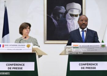 Niger Minister of Foreign Affairs and Cooperation Hassoumi Massaoudou (R) speaks to French Foreign Minister Catherine Colonna (L) during a joint press conference at the presidency in Niamey on July 15, 2022. - The French Foreign Minister and French Armies Minister began an official visit to Niger on July 15, 2022, Paris's key partner in the Sahel, at a time when France is seeking to redefine its military and diplomatic offer in Africa. (Photo by BERTRAND GUAY / AFP) (Photo by BERTRAND GUAY/AFP via Getty Images)