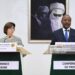 Niger Minister of Foreign Affairs and Cooperation Hassoumi Massaoudou (R) speaks to French Foreign Minister Catherine Colonna (L) during a joint press conference at the presidency in Niamey on July 15, 2022. - The French Foreign Minister and French Armies Minister began an official visit to Niger on July 15, 2022, Paris's key partner in the Sahel, at a time when France is seeking to redefine its military and diplomatic offer in Africa. (Photo by BERTRAND GUAY / AFP) (Photo by BERTRAND GUAY/AFP via Getty Images)