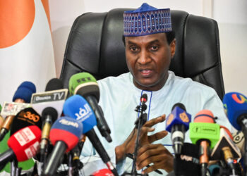 Niger's Prime Minister Ali Mahaman Lamine Zeine speaks during a press conference in Niamey on September 4, 2023. Niger's military-appointed prime minister on September 4, 2023 said he saw hopes of a deal with the West African bloc ECOWAS, which has threatened to use force to restore civilian rule after a coup in July. (Photo by AFP)
