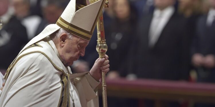 Pope Francis during the Consistory for creation of new cardinals at St. Peter's Basilica on December 07, 2024 in Vatican City, Vatican. (MaxPPP TagID: dpaphotosseven725040.jpg) [Photo via MaxPPP]
